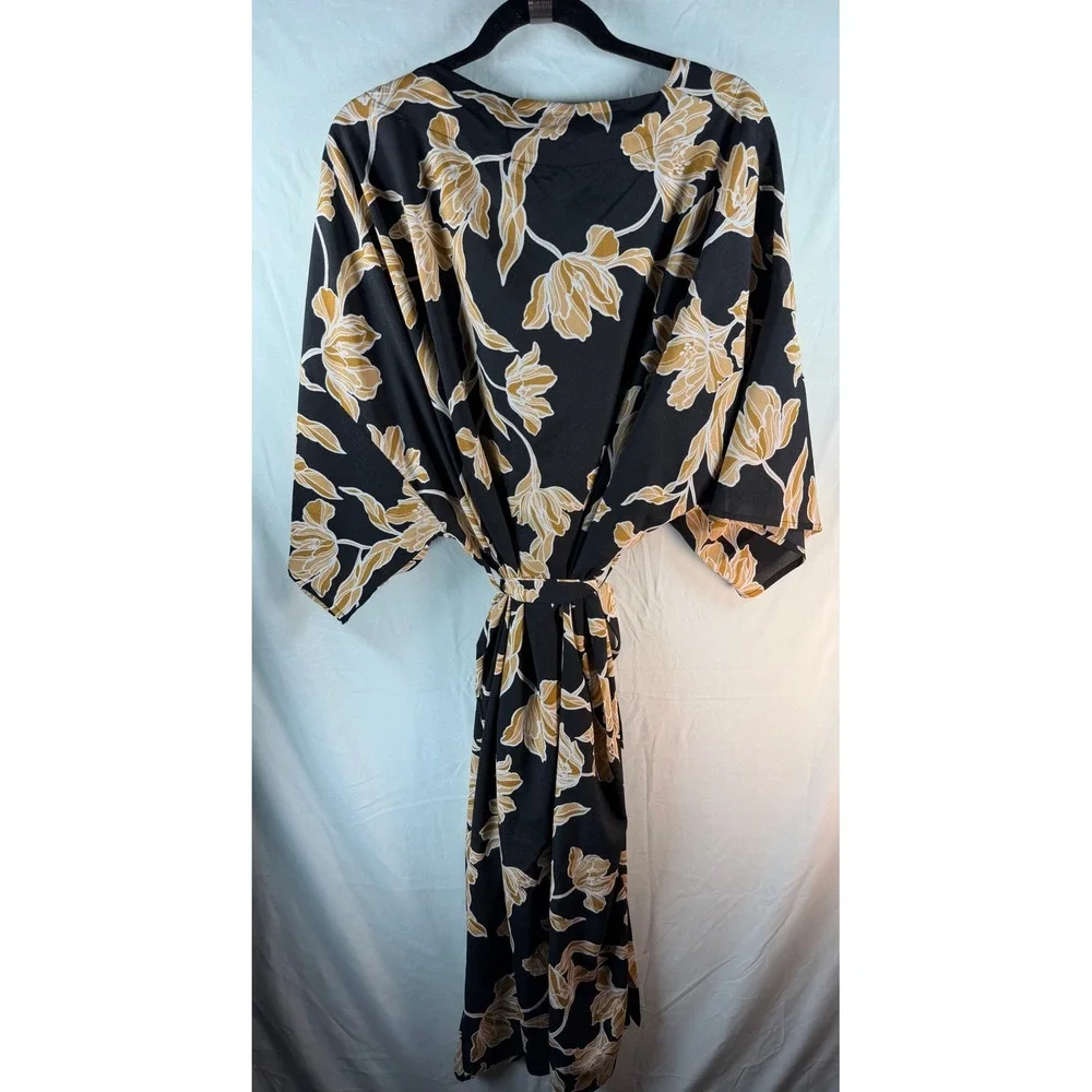 Maison Du Soir Floral Wrap Robe Black Gold Kimono Sleeve L/XL